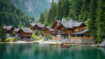 Fototapeta premium A picturesque mountain village with wooden cabins nestled along a peaceful lake, surrounded by dense forest and reflecting tranquil waters. 