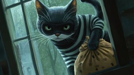 A robber cat wearing a black mask and striped outfit, sneaking through a window with a bag of loot