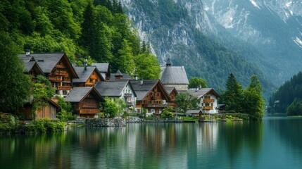 Fototapeta premium A serene mountain village with wooden cabins nestled along the edge of a crystal clear lake, surrounded by towering peaks and lush forest. 