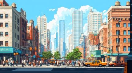 Fototapeta premium A bustling 8-bit city during a hot summer day, with people walking, tall buildings, and bright sunlight reflecting off skyscrapers