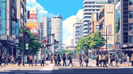 Obraz premium A bustling 8-bit city during a hot summer day, with people walking, tall buildings, and bright sunlight reflecting off skyscrapers