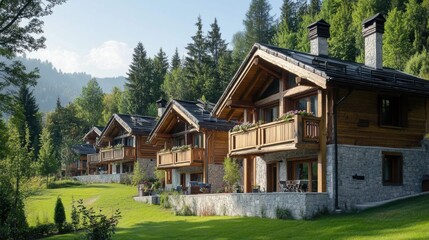 A series of wooden mountain chalets with stone foundations, set in a peaceful forest environment, surrounded by lush greenery and scenic views.
