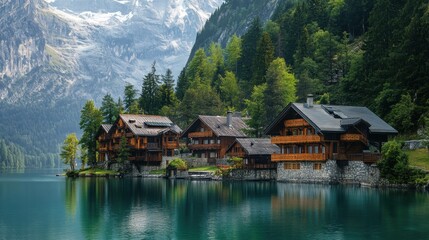 Fototapeta premium A serene mountain village with wooden cabins nestled along the edge of a crystal clear lake, surrounded by towering peaks and lush forest. 