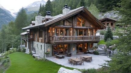 Obraz premium A spacious and elegant wooden chalet with stone details, featuring large windows and a patio, nestled in a peaceful forested mountain setting. 