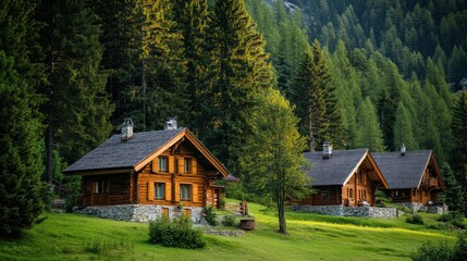 Fototapeta premium A series of wooden mountain chalets with stone foundations, set in a peaceful forest environment, surrounded by lush greenery and scenic views. 