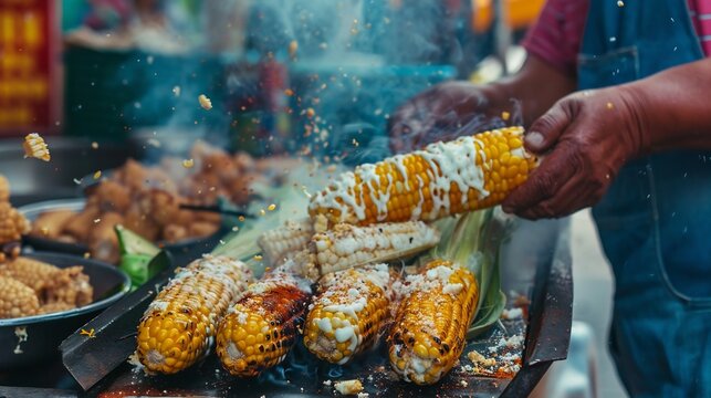 Mexican street food vendor selling elotes grilled corn on the cob slathered with mayonnaise cheese and chili powder