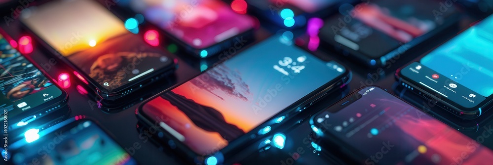 Leinwandbilder multiple smartphones showcase captivating stories and short videos amidst a colorful lighting displa