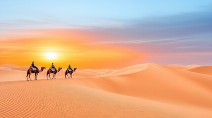 Tourists riding camels through the vast dunes of the Sahara Desert, Morocco, with a setting sun in the background, Morocco travel, desert exploration with space for text