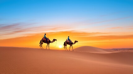 Tourist enjoying a camel ride through the dunes of the Sahara Desert at sunset, Morocco journey, desert adventure with space for text