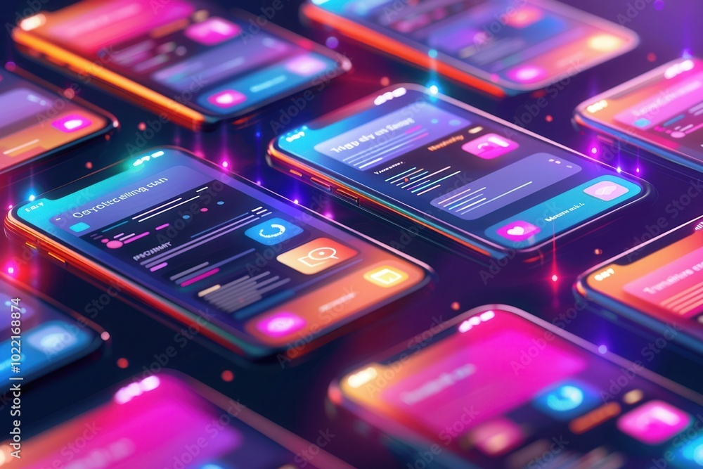 Poster multiple smartphone screens glow with colorful stories and short videos, showcasing digital content 