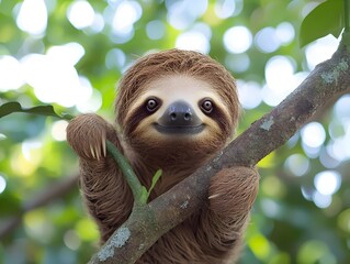 Fototapeta premium A cute sloth hanging on a branch with a big smile. It's looking directly at the camera.