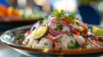 Peruvian ceviche with fresh fish lime juice red onions and cilantro served in a stylish coastal restaurant