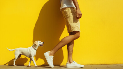 a man walking a dog with a yellow background
