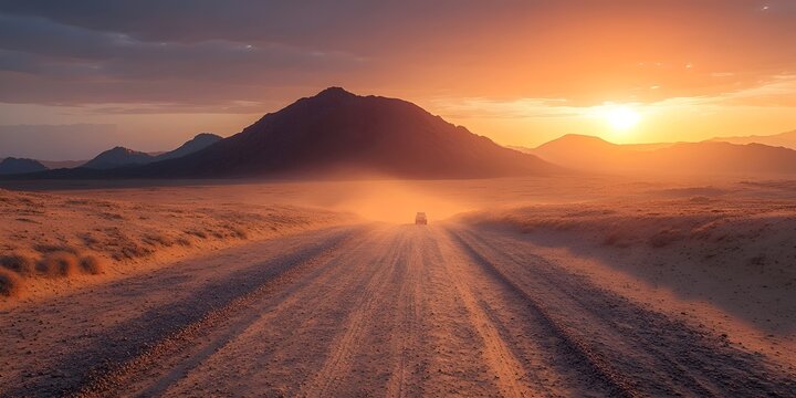 A lone vehicle drives down a dusty road towards a vibrant sunset in a vast desert landscape.