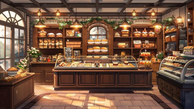 Quaint bakery filled with the aroma of freshly baked bread pastries and cakes with a charming display counter