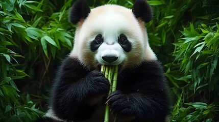 A close-up of a panda bear happily munching on bamboo in a lush green forest. The black and white fur of the panda stands out against the green foliage, creating a beautiful contrast.