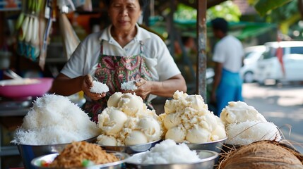 Thai coconut ice cream vendor with homemade ice cream sticky rice and toppings in a street market