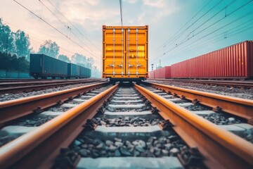 Naklejka premium A single cargo container sits on a train track. This photo can be used to illustrate topics such as global shipping, logistics, or transportation.