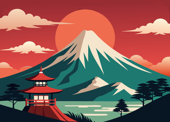 Mt Fuji vector art, Ukiyo-E style