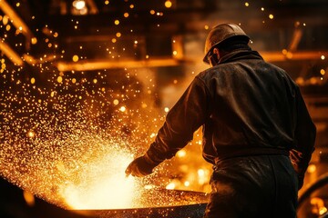 Factory worker in protective gear working with molten metal, surrounded by sparks.