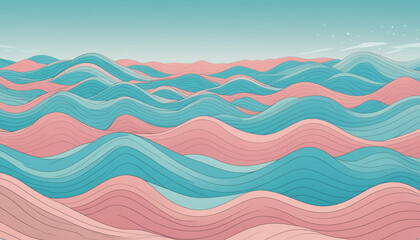 Waves and Dunes illustration, pastel colors, beautiful ai art of colorful landscapes in soft colors, liminal space style