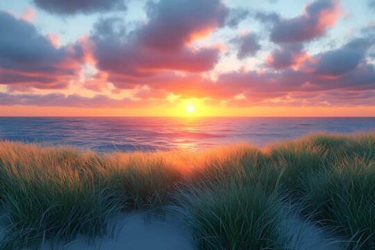 A breathtaking sunset over the ocean, casting warm hues across the sky and illuminating the lush seagrass in the foreground.