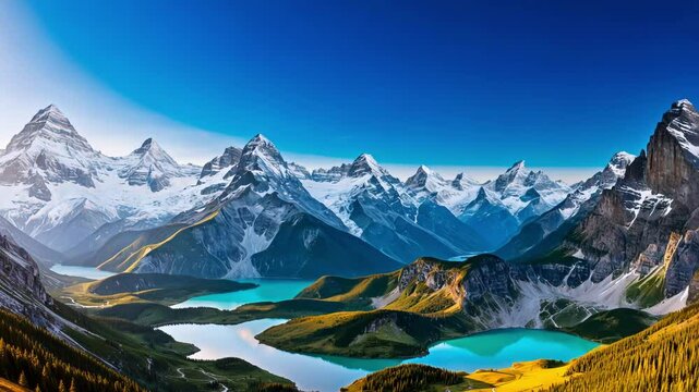 A breathtaking mountain landscape showcasing expansive views of lakes and peaks under a clear sky, emphasizing nature's tranquility