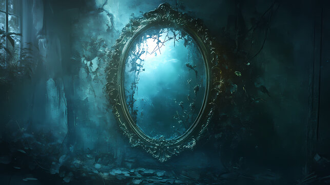 An enchanted mirror reflecting a different reality, with cryptic symbols around the frame, suggesting a magical puzzle fantasy, soft lighting. Enchanted Mirror. Illustration