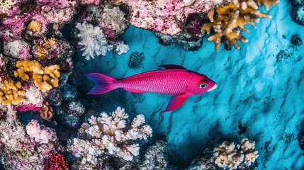 Obraz premium Vibrant Overhead View of a Pink Fish Gliding Over a Colorful Coral Bed, Showcasing the Striking Contrast of Bright Colors Against Rich Blue Water, Capturing the Beauty of Underwater Life