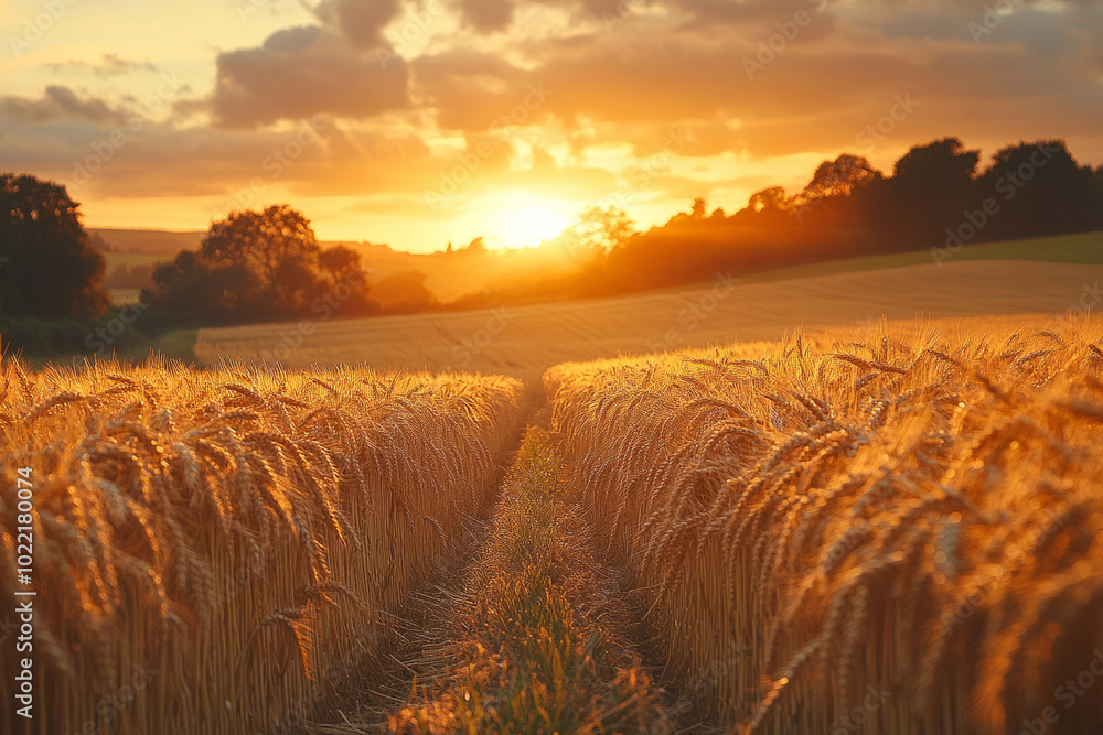 Poster a field of golden wheat with a sun setting in the background