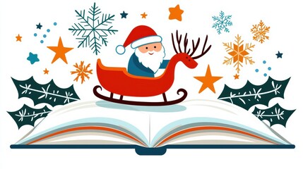 Santa on Sleigh with Open Book and Holiday Decorations