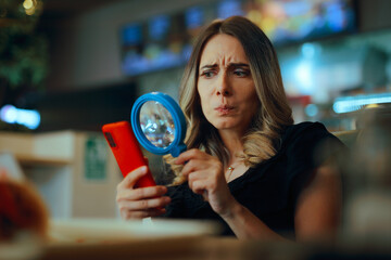 Woman Using Magnifier Spying online on social media. Suspicious girlfriend checking online profile...
