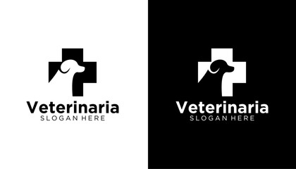 pet clinic animal cross health logo design template. cat and dog vector silhouette illustration