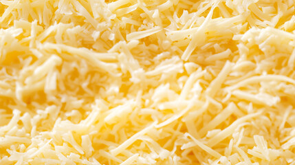 Obraz premium a close-up, top-down view of shredded cheese spread across the entire frame, filling the image with its rich yellow color and fine, delicate texture