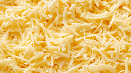 a close-up, top-down view of shredded cheese spread across the entire frame, filling the image with its rich yellow color and fine, delicate texture