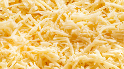Fototapeta premium a close-up, top-down view of shredded cheese spread across the entire frame, filling the image with its rich yellow color and fine, delicate texture