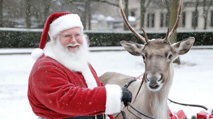 Santa Claus with Reindeer in Winter Wonderland