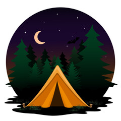 Camping tent in peaceful nighttime forest under crescent moon and stars. Isolated circular design, perfect for outdoor, adventure, travel. Minimalist style, ideal for posters, web design, or stickers.