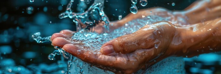 Fototapeta premium Clean hands are being thoroughly washed under a stream of sparkling water, showcasing the importance of hygiene and freshness. Generative AI