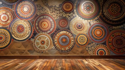 Aboriginal Artistry on Display, vibrant patterns showcasing traditional Australian Indigenous culture and craftsmanship, rich colors and intricate designs