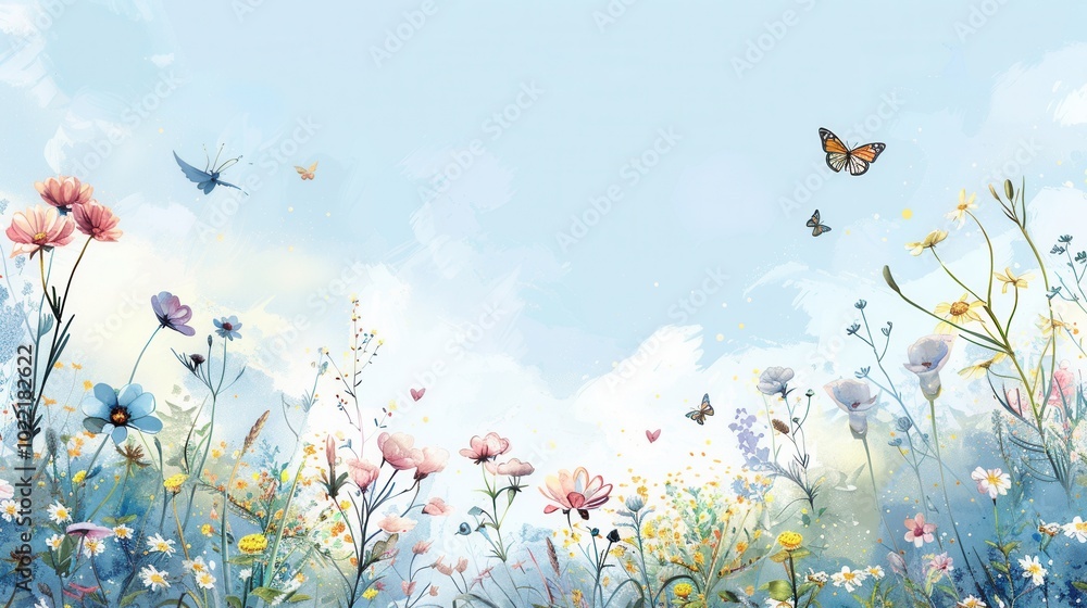 Poster colorful wildflowers bloom in a sunny meadow while butterflies flutter through the air, creating a l
