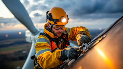skilled technician works on wind turbine, showcasing dedication and precision in challenging environment. sunset adds dramatic backdrop to this important task