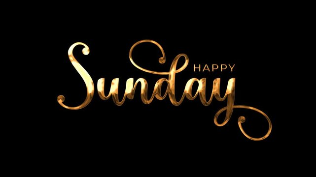 Gold Happy Sunday lettering on black background, suitable for social media posts, greeting cards, or weekend promotions. Ideal for uplifting designs.