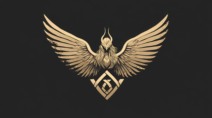 Obraz premium Bold graphic logo incorporating valkyrie wings with a norse rune at the centerblending mythology with contemporary design aesthetics. Valkyrie on Wings. Illustration