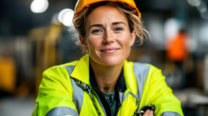 confident woman in bright yellow safety jacket and helmet smiles warmly, showcasing her professionalism in construction environment. Her expression reflects determination and positivity