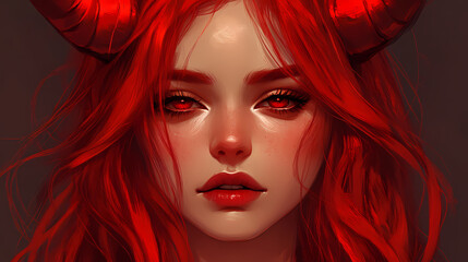 Captivating devil inspired beauty portrait with red horns and alluring expression. Sirens Lure. Illustration