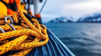Obraz premium close up view of vibrant yellow ropes coiled on boat deck, with serene water background and distant mountains. image captures essence of maritime adventure and safety