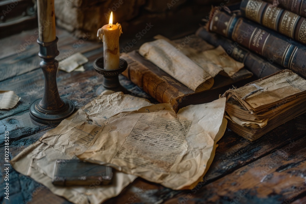 Fototapete A collection of aged books and scrolls rests on a rustic table, softly illuminated by a flickering candle, revealing their historical significance. Generative AI