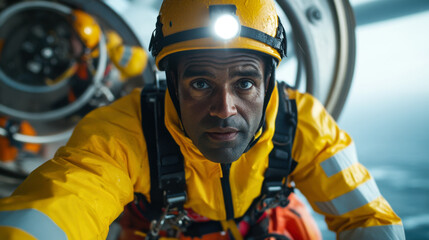 Fototapeta premium focused man in bright yellow safety suit and helmet, preparing for dive in marine environment, showcasing determination and readiness