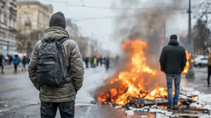 Street unrest: intense city riots featuring violent protest march, with explosions, smoke filling the air, showcasing conflict between angry demonstrators, police amidst chaos of urban disaster.